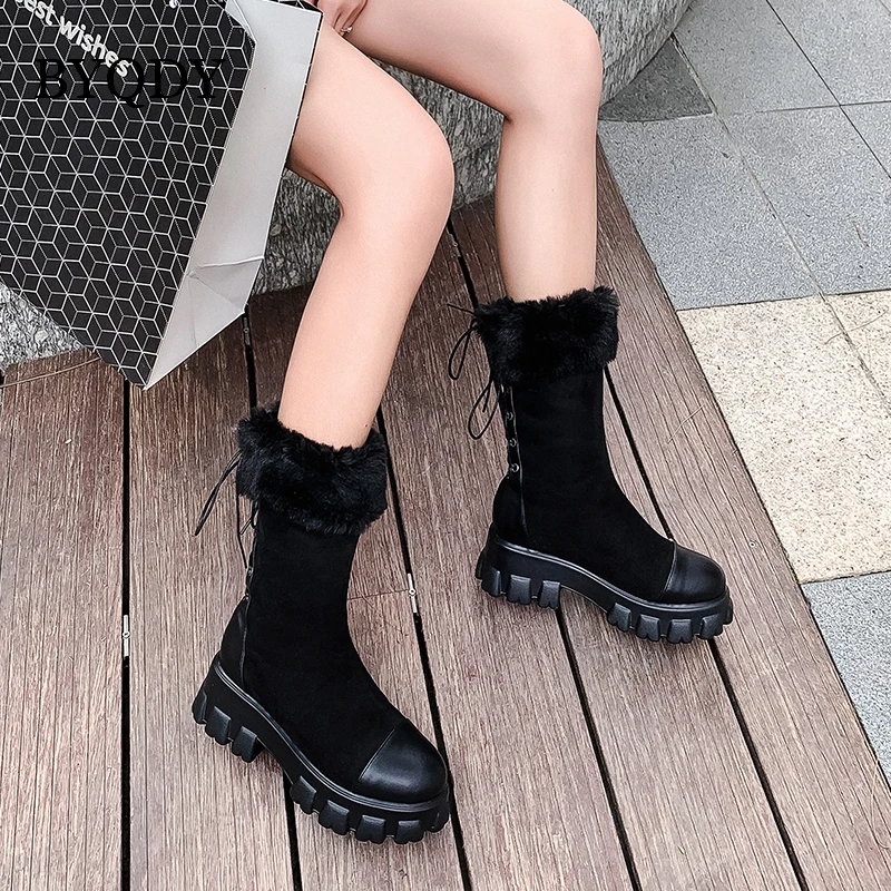

BYQDY New Thick Heels Lace Up Snow Boots Women Retro Mid Boots Winter Warm Comfortable Plush Boots Women Platform Bootie Femme