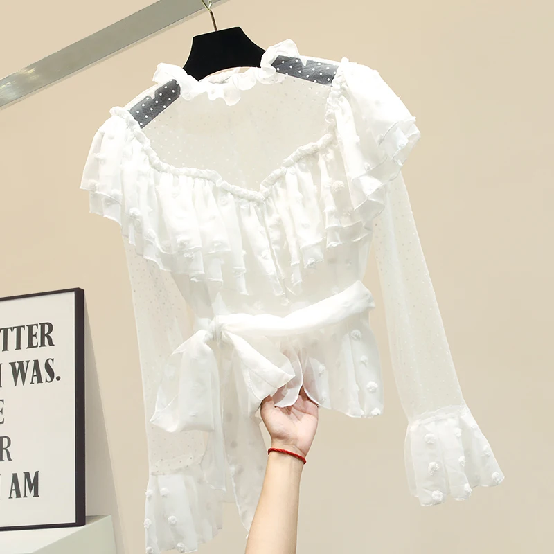 

Lace Blusas Women Turtleneck Long Sleeve Flare Sleeve Black Shirt Lady Sexy Perspective Blouses Blusa White Tops