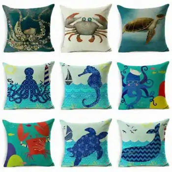 

Fashion Blue Sea Animal Cotton Linen Sofa Car Cushion Cover Throw Pillow Case Home Decor