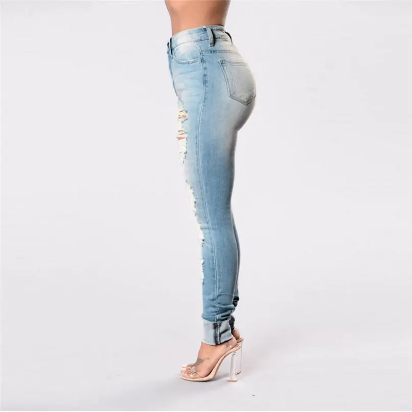 New Fashion Plus Size Skinny Jeans Woman Denim Hole Female Mid Waist Straight Stretch Slim Sexy Pencil Pants 3O07