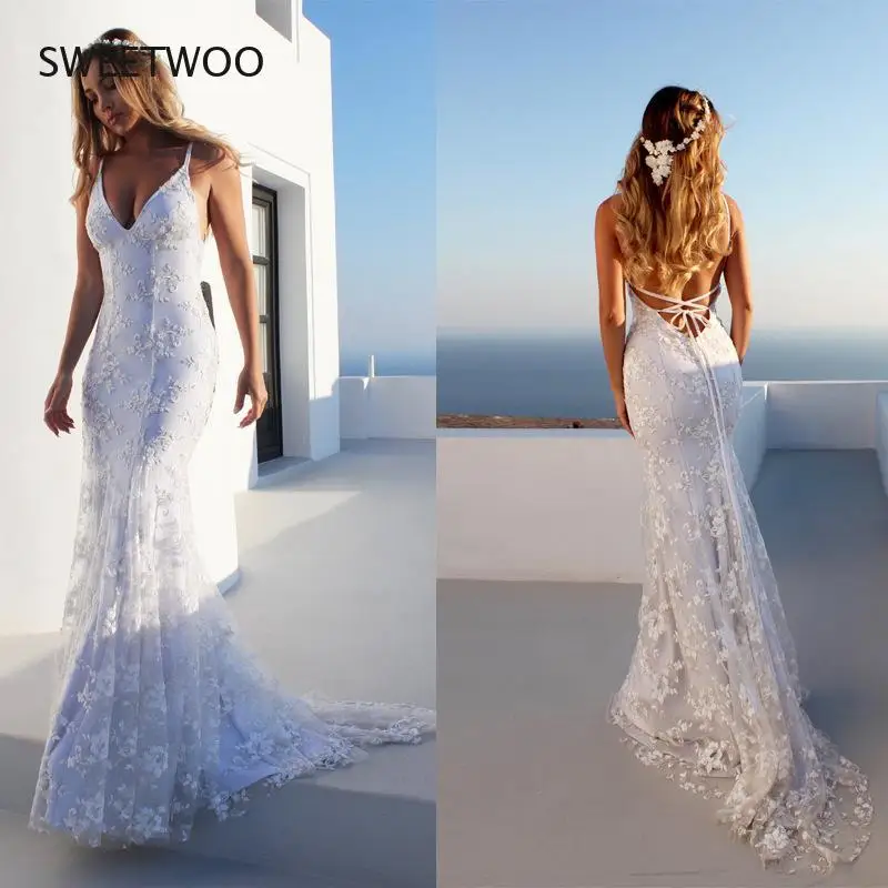 

2021 White Womens Lace Long Dress Summer Bohemian Low Back Backless Open Mermaid Female Honeymoon Trip Clothes