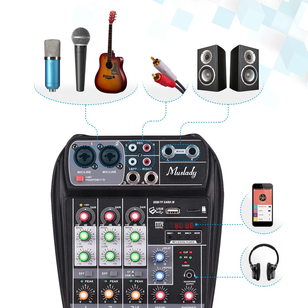 Muslady AI-4 компактная звуковая карта микшерный пульт Цифровой аудио смеситель 4-х канальный BT MP3 Phantom Мощность для Запись музыки DJ караоке
