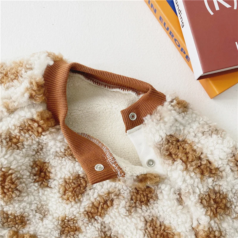 Children Winter New Boys and Girls Lamb Wool with Plush Thickened Leopard Pullover Round Neck Sweater Newborn Kids Hooded