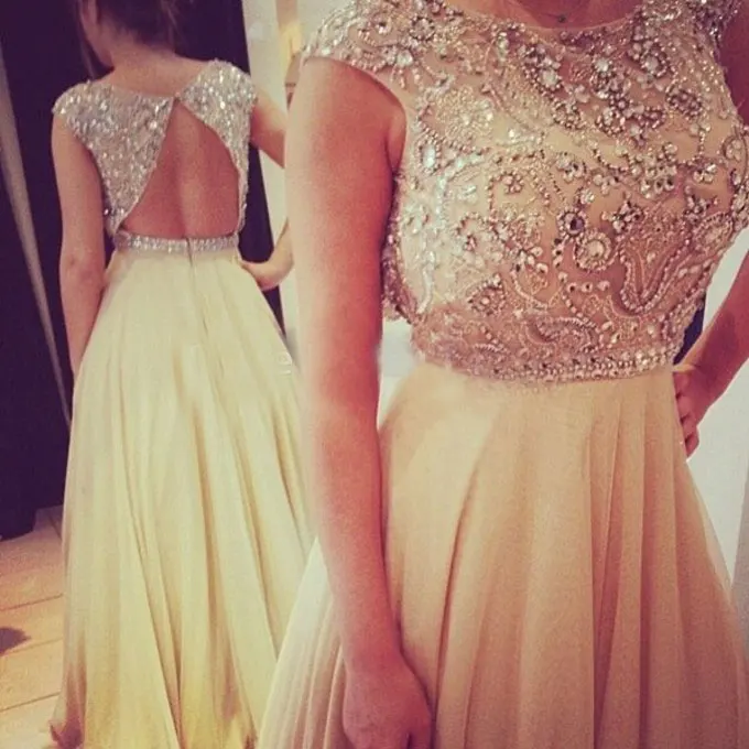 

2018 Elegant Scoop A-line Crystal Prom Beaded Top Cap Sleeves Hollow Back Chiffon Vestidos de Novia mother of the bride dresses