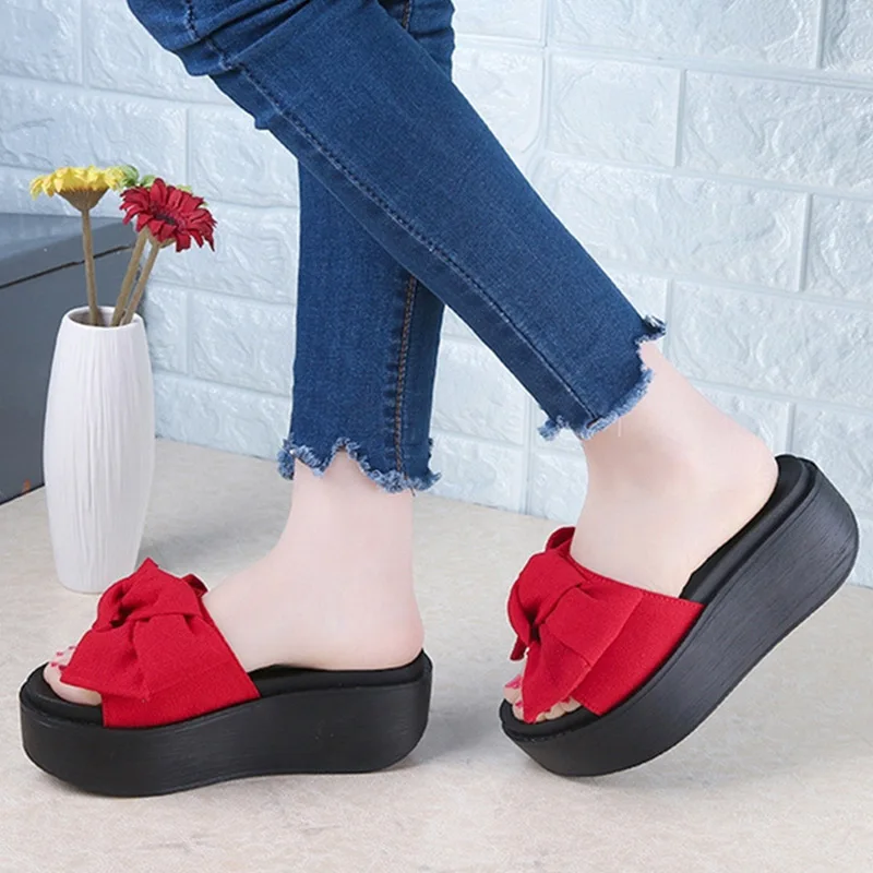 

Woman Summer Flat Platform Slippers Bowtie Ladies Soft Bottom Outside Women's Comfortable 2020 New Female Casual Beach Shoes