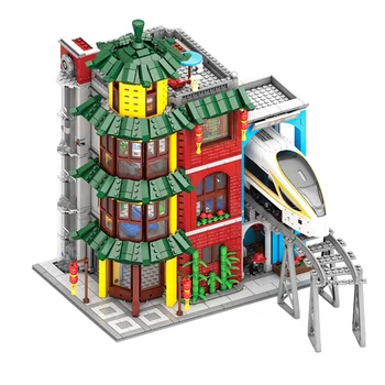 

KAZI 10008 City Street View Building Blocks Guting Station Train with Lights Figures Track Edifice Bricks Set Toys for children