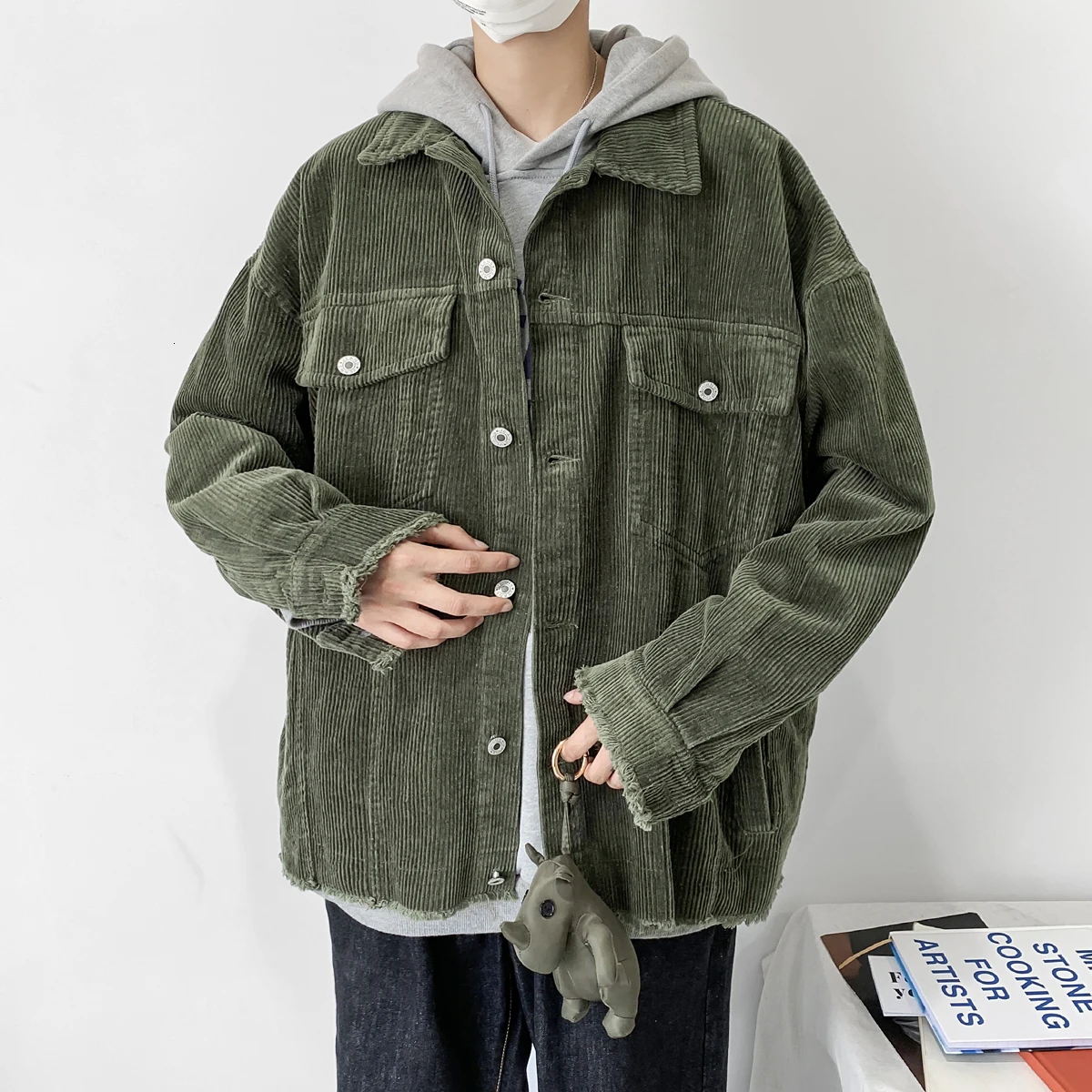 Armygreen Осенняя мужская одежда, свободная однотонная верхняя одежда, уличная куртка-бомбер, пальто, вельветовое Свободное пальто, 4 цвета, ветровка - Цвет: Armygreen