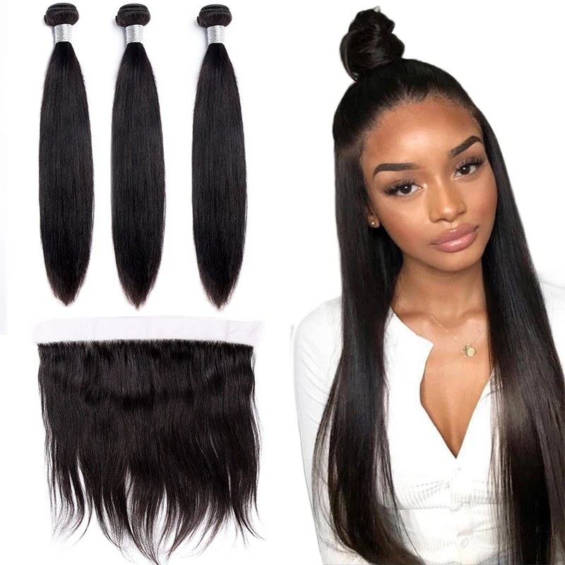 

Alibele Brazilian straight Bundles With Frontal Closure10-30in Remy Human Hair 3 Bundles With 13x4 Ear To Ear Frontal Closure