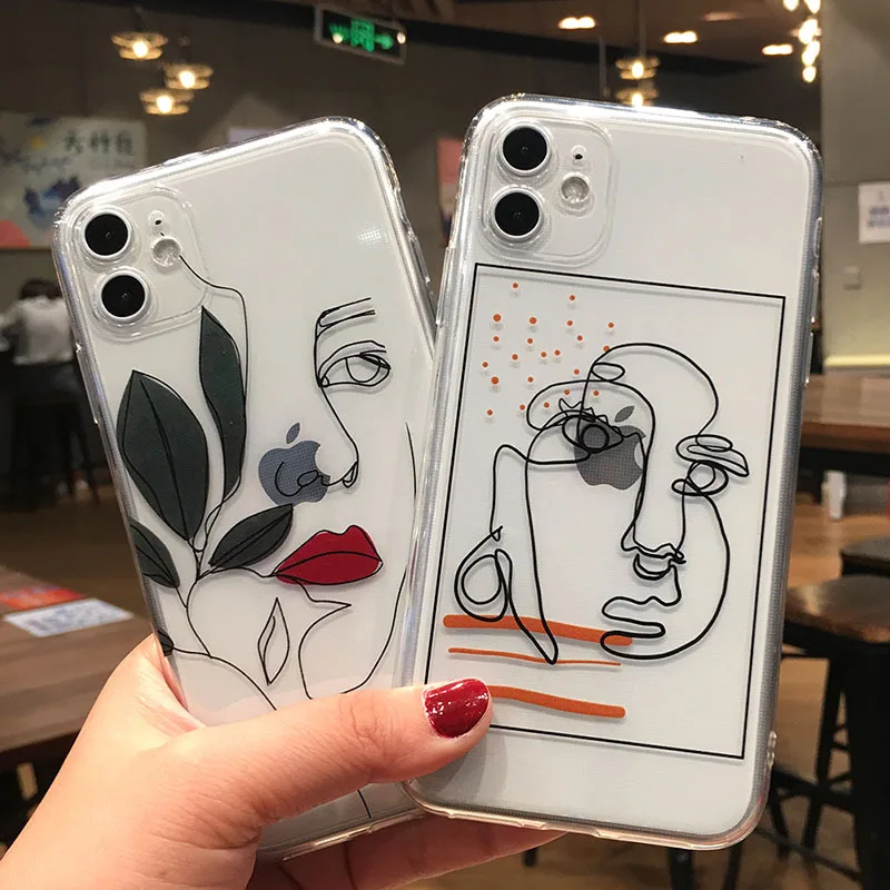 

Art Line Face Transparent Phone Case For iPhone 12 11 Pro Max X XR XS Max 7 8 Plus Mini Soft Silicone Back Cover Funda