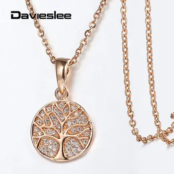 

585 Rose Gold Round Pendant Necklace for Women Cubic Zircon Carved Tree Pendant Stainless Steel Link Chain Jewelry 20inch LGP413