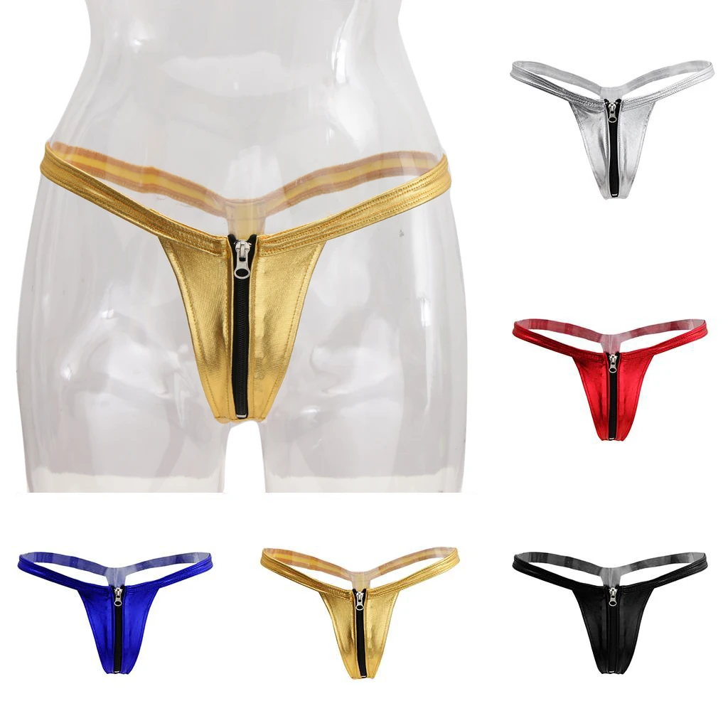

Stretch Leather Zip Up Front G String Thong Underwear Low Rise Panties for Women