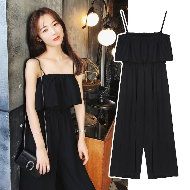 

VICONE Condole Belt Conjoined New Tall Waist Show Thin Seaside Holiday Beach Culottes Nine Points Straps Wide-legged Pants