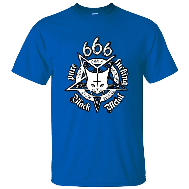 Men-Blue Новинка 666, футболка с принтом "Большая сатанинская кошка Бафомет", черная металлическая кошка, одежда, Футболка, большой размер S~ 5xl, хип-хоп - Цвет: Men-Blue