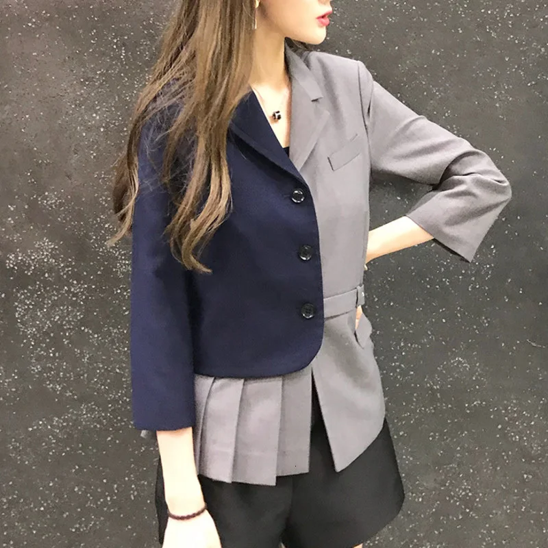 

LANMREM Contrast Stitching Pleated Single-breasted Cropped Sleeves Blazer Femme Sweet Casual Fashion 2020 Spring Coat New TV491