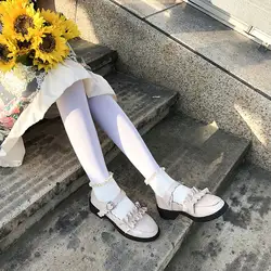 Японский чайный вечерние милые туфли в стиле «Лолита» в стиле ретро с кружевом и рюшами с пряжкой; большие размеры обувь Kawaii круглый носок