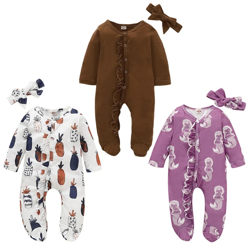 

2019 Autumn Print Rompers Newborn Infant Baby Girl Boy Clothes Cotton Romper Jumpsuit+Headband 2Pcs Outfits Set baby onesie