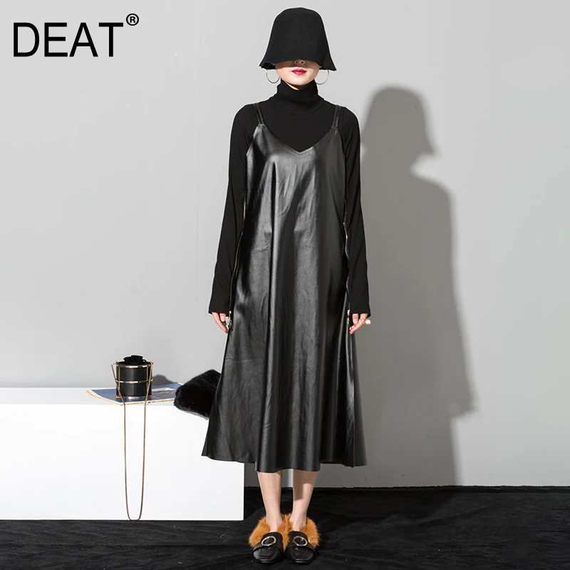 

[DEAT] 2019 New Hot Sale Spring Summer Strapless Black Pu Leather Loose Brief Hem Vent Dress Women Fashion Tide All-match JO2