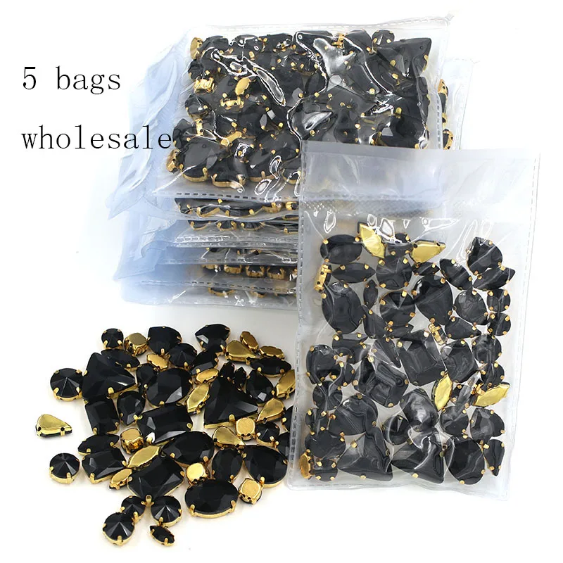

Free shipping Wholesale 5 bags mixed shape sew on glass Black gold base rhinestones diy dress/Clothing accessories