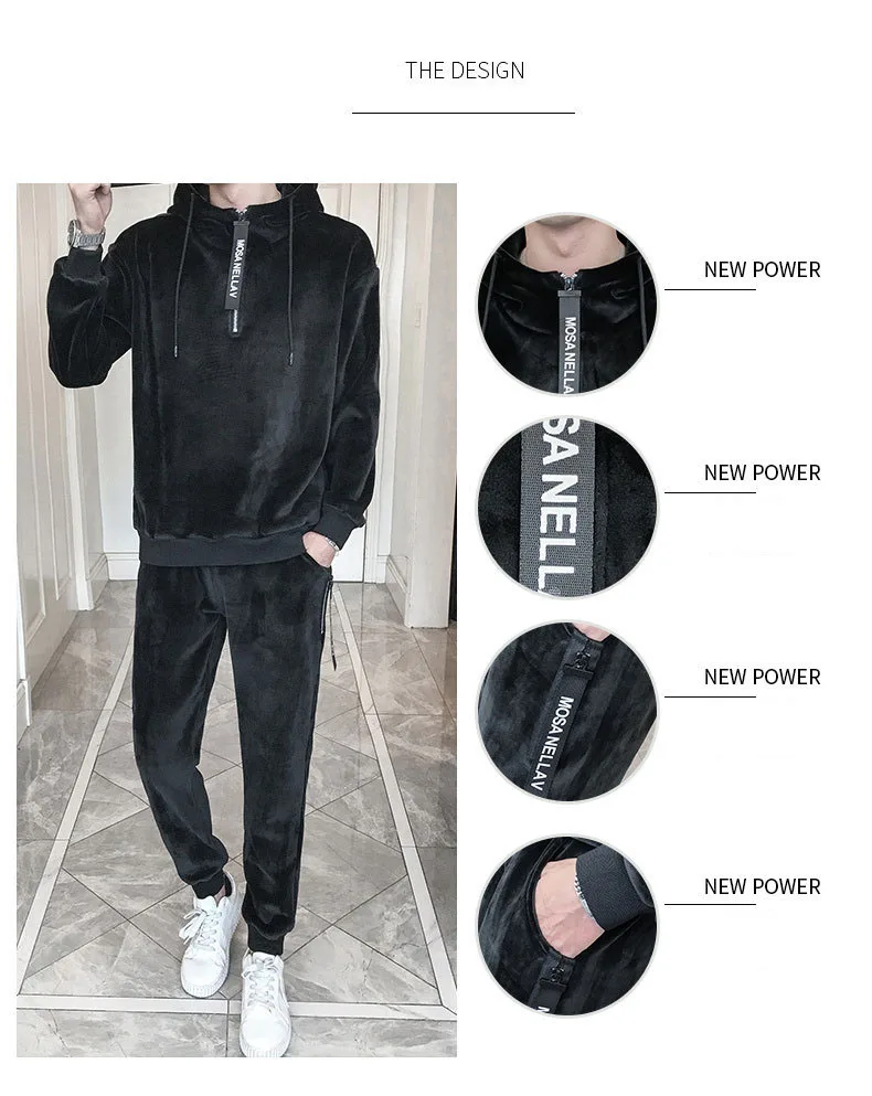 Men Hooded Winter New Plus Velvet Thickening Men'S Hooded Casual Suit Mens Sportswear Two-Piece Fashion Slim Male Sportswear