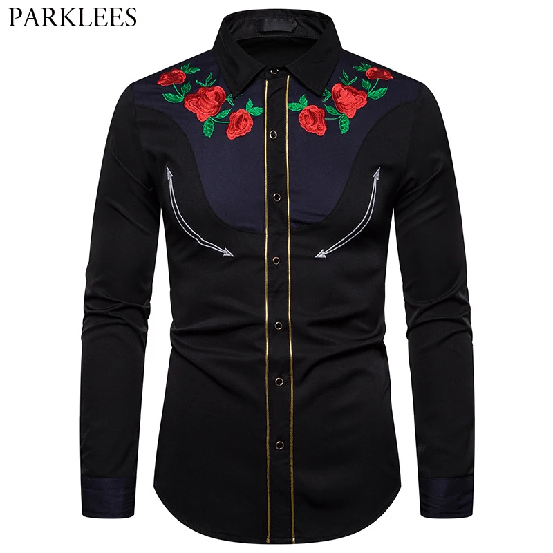 Stylish Rose Flower Embroidery Western Shirt Men Slim Fit Casual Long Sleeve Shirts Mens Wedding Party Festival Camisa Masculina Stylish Rose Flower Embroidery Western Shirt Men Slim Fit Casual Long Sleeve Shirts Mens Wedding Party Festival Camisa Masculina