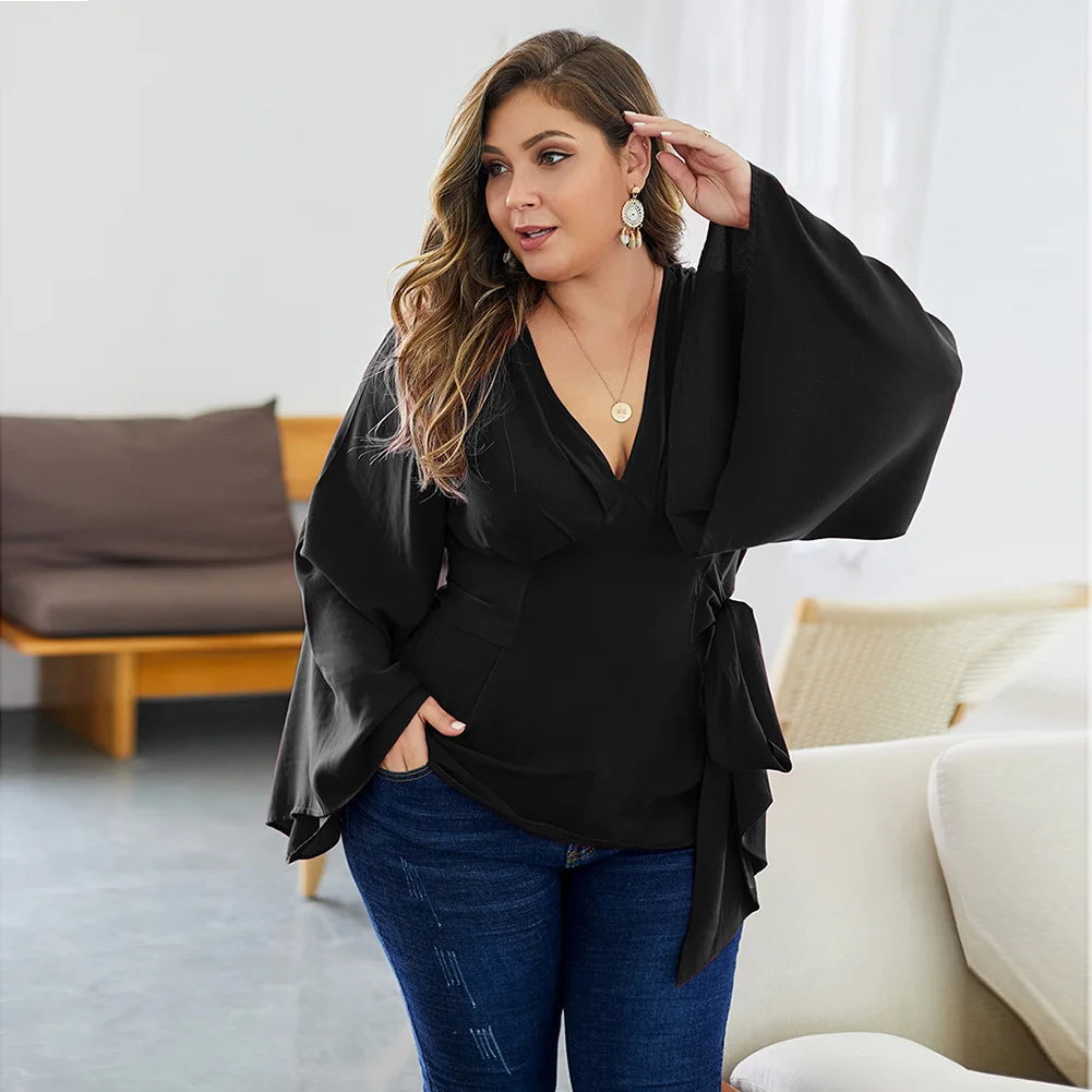 

Fadzeco Women Sexy V Neck T Shirt Autumn Long Flare Sleeve Wrap Chest Casual Loose Pullover Tops
