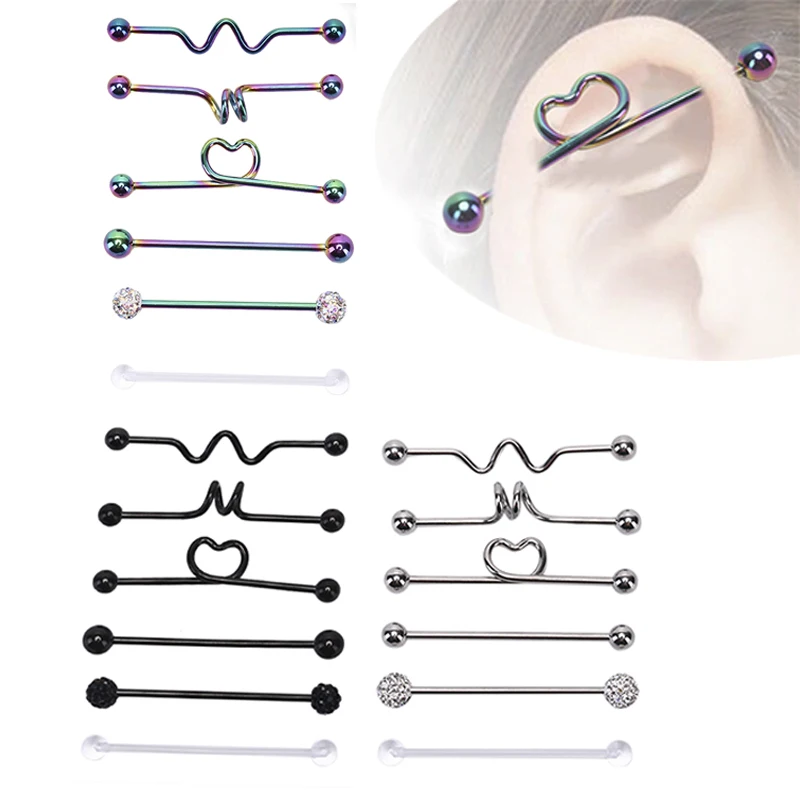 6Pcs/Set Stainless Steel Industrial Barbell Earrings Heart Arrow Rainbow Ear Cartilage Helix-Conch Piercing Jewelry | Украшения и