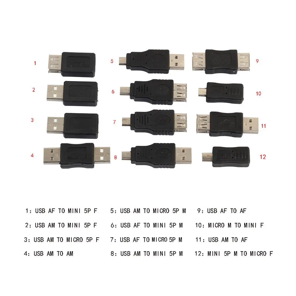 Universal 12pcs USB 2.0 Male To Female Micro USB Mini Portable Changer Adapter High Speed Convertor Set Black Connector