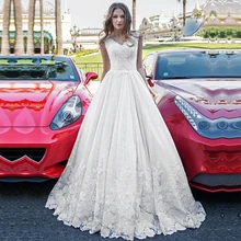 Очаровательное Тюлевое свадебное платье трапециевидной формы с v-образным вырезом и кружевной аппликацией; бальное платье; Свадебные платья на шнуровке; Vestido de Noiva; на заказ