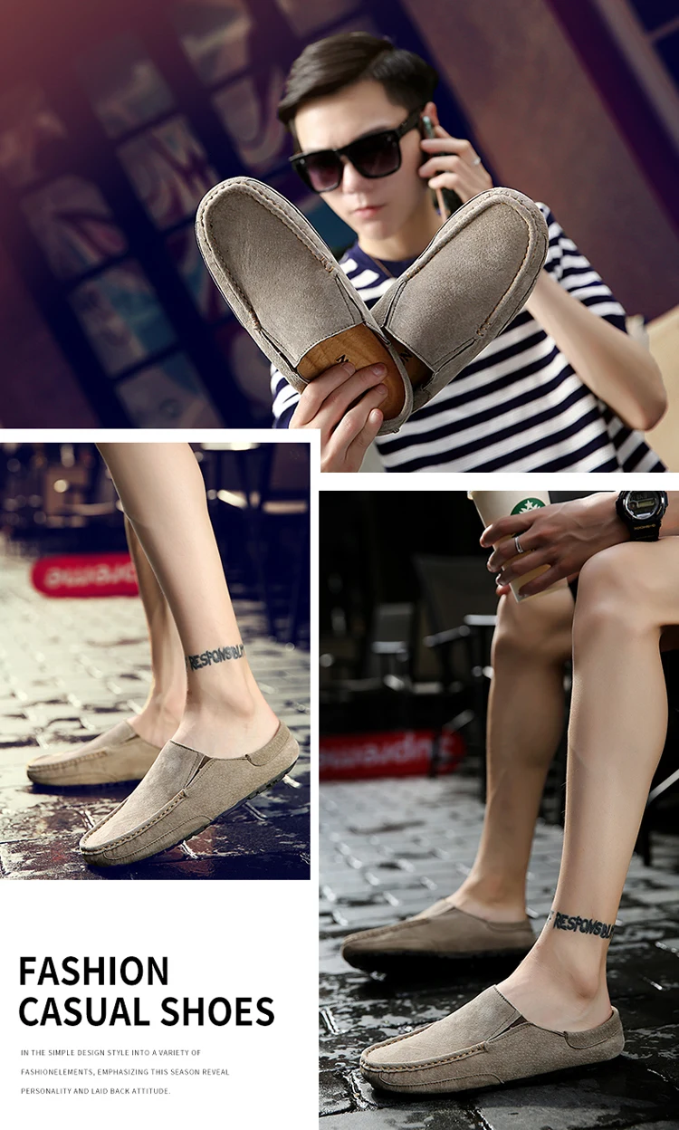 Man Summer Fashion Pig Skin Casual Half Shoe Male Breathable Soft Backless Half Loafers Hombre Open Back Leather Comfy Mocassins