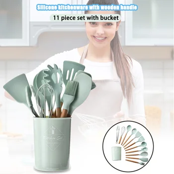 

Spot Durable Practical Heat Resistant Silicone Kitchenware Kitchen Tool Cookware Sets Wooden Handle QP2