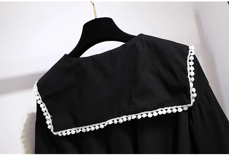 2XL~ 6XL женская шифоновая рубашка с эластичной талией, воротник Питер Пэн, осень, длинный рукав, кружевная прострочка, большой размер, Длинная блузка, топы B729