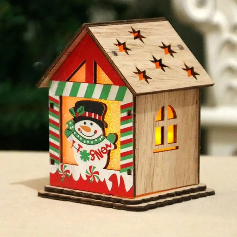 LED Wooden House Chalet Christmas Decoration Snowman Deer Santa Claus Ornament Festival Holiday Gift