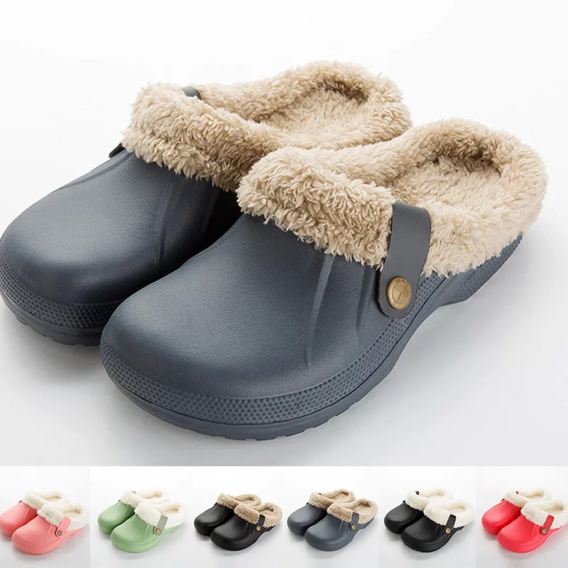 Winter Men And Woman Slippers Plush Waterproof  EVA Warm Fur Slippers Clogs Lovers Home Slipper Indoor Floor Shoes for Female