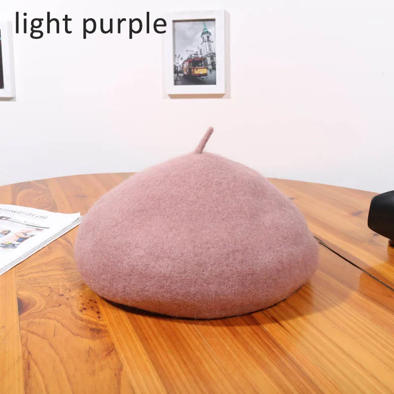 light purple Зимний шерстяной берет, женские шапки в стиле художника, винтажная Женская кепка, теплая прогулочная Кепка - Цвет: light purple