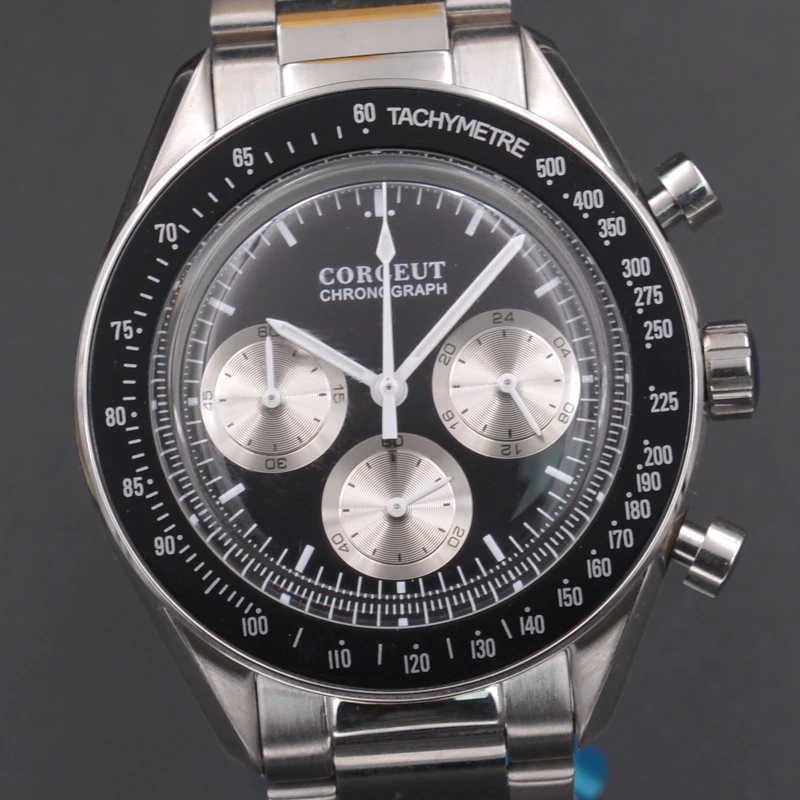 Люксовый бренд 40 мм corgeut многофункциональные кварцевые мужские часы с полным хронографом черный циферблат стальной браслет мужские часы