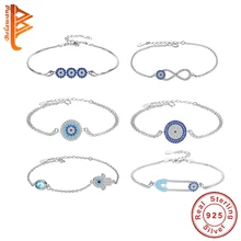 Retro 925 Sterling Silver Lucky Hand Turkish Eye Luminous CZ Stone Crystal Infinity Bracelet for Women Genuine Jewelry Gift