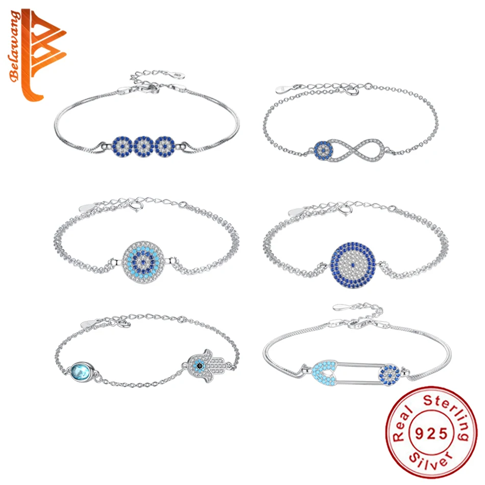 

Retro 100% 925 Sterling Silver Lucky Hand Turkish Eye Luminous CZ Stone Crystal Infinity Bracelet for Women Genuine Jewelry Gift