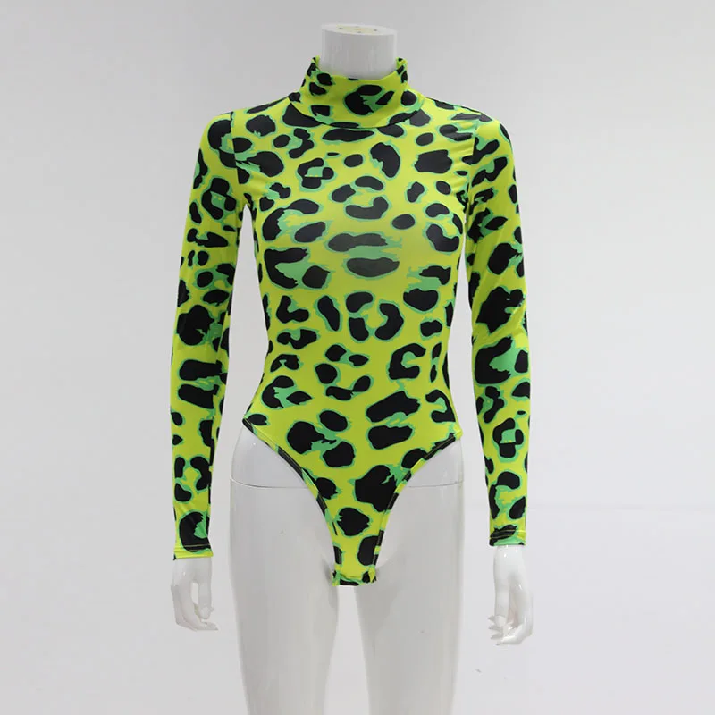 CNYISHE Women Long Sleeve Leopard Skin Prinetd Bodysuit Sexy Neon Green Streetwear Jumpsuit Skinny Leopard Tops Fashion Rompers corset bodysuit