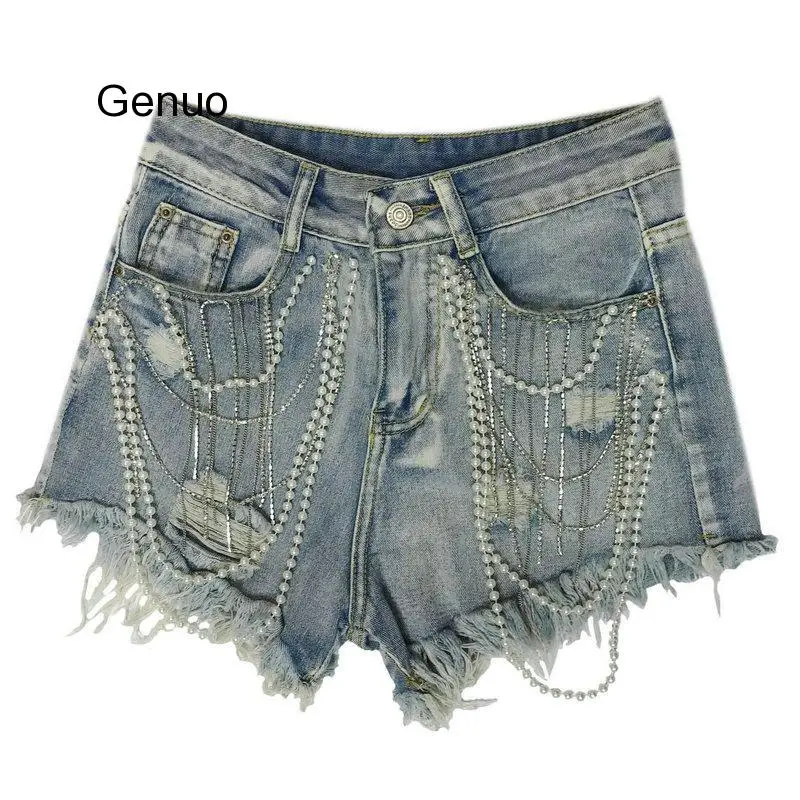 Women Rhinestone Pearls Tassels Beads High Waist Denim Shorts Female Casual Wide Leg Jeans Chic Wild Shorts 2020 Summer New