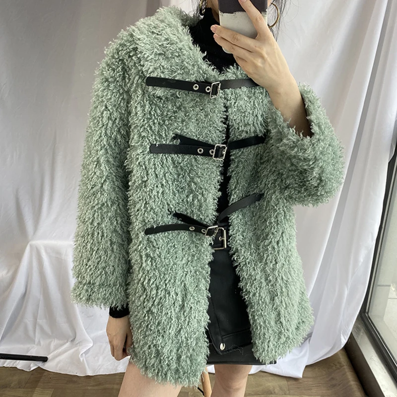 [EAM] Loose Fit Lambswool Split Big Size Thick Woolen Coat Parkas New Long Sleeve Women Fashion Tide Autumn Winter 1M420 - Color: Green
