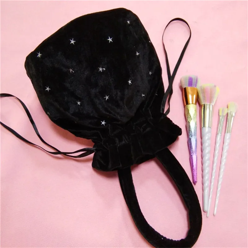 Harajuku бархат ретро Звезда вышивка сумка для хранения с завязкой портативный косметичка для девочек мыть мешок - Цвет: black