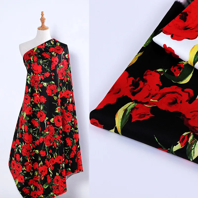

New 97% cotton 3% spandex satin printed fabric rose cotton fashion fabric black and white women's dress clothing fabric