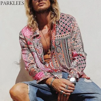 

Paisley Floral Print Men Shirts Retro Hawaiian Mens Long Sleeve Shirt Casual Loose Button Shirt for Men Ethnic Style Men Clothes