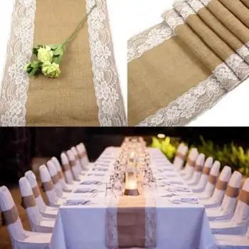 

Kuulee Burlap Lace Hessian Table Runner Jute Tablecloth Country Wedding Party Decoration