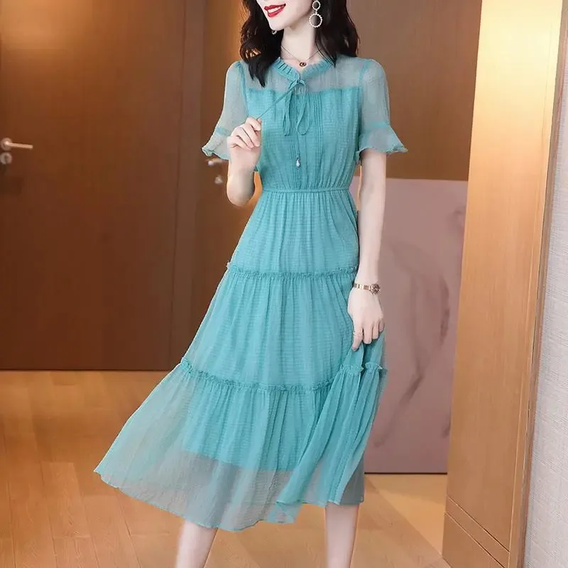 

Новинка 2022, женское платье, летнее шифоновое платье с коротким рукавом, женское платье, повседневная женская одежда с длинной талией, женские платья