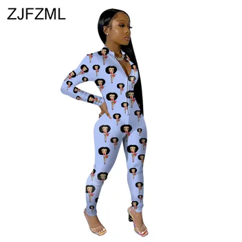 

Cute Character Print Rompers Womens Jumpsuit Casual Deep V Neck Long Sleeve Fitness Bodysuit Front Zipper Club Party Playsuits