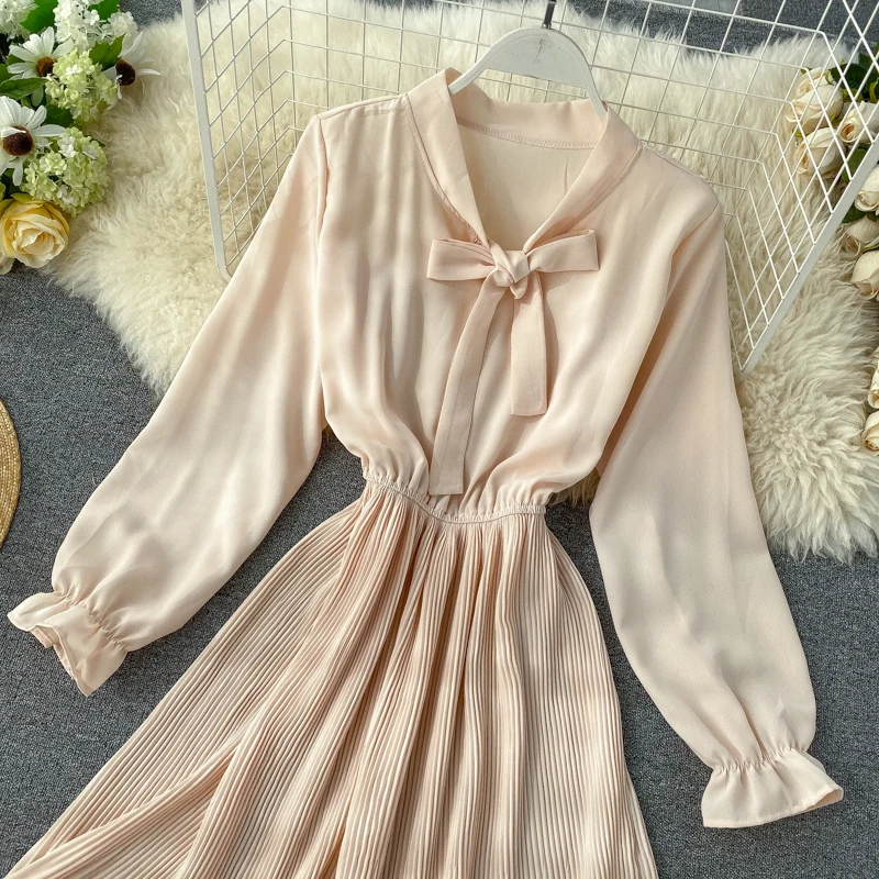 YuooMuoo сладкий галстук-бабочка дизайн розовая Женская рубашка платье весна осень с длинным рукавом элегантное плиссированное платье дамы миди платье Vestidos