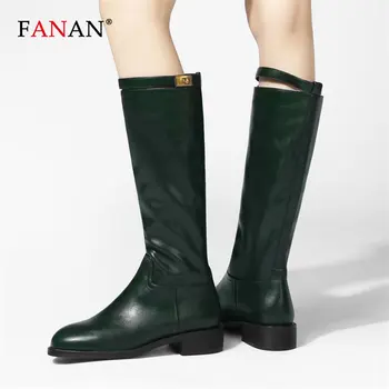 

FANAN Women Vintage Knee High Boots Square Heel Round Toe Flat Boots Woman Winter Slip On Green Riding Boots Lady Leather Shoes