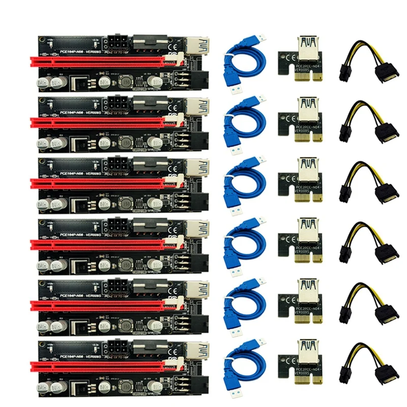 

6Pcs Newest Ver009 Usb 3.0 Pci-E Riser Ver 009S Express 1X 4X 8X 16X Extender Riser Adapter Card Sata 15Pin to 6 Pin Power Cable