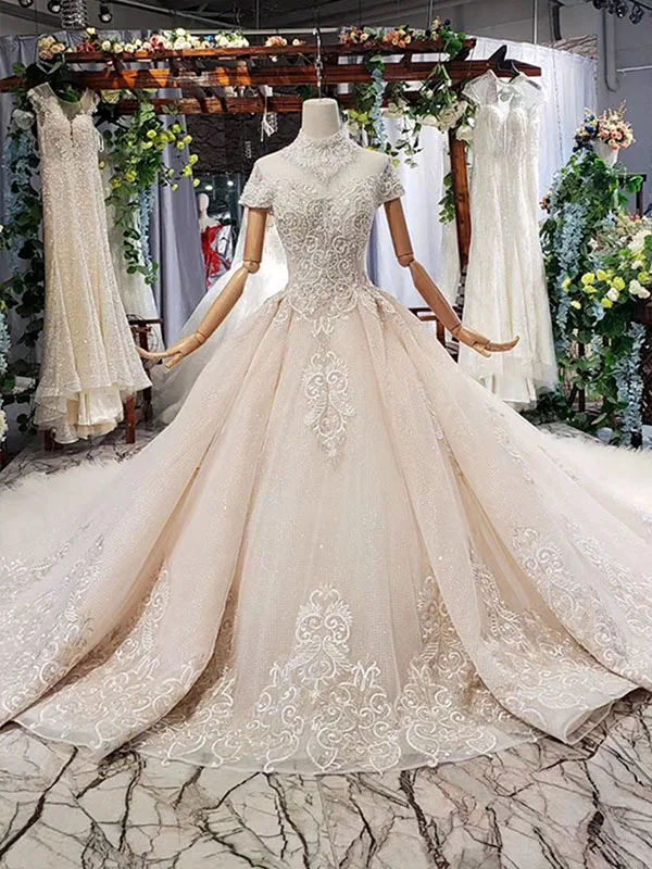 as picture HTL634 Элегантное свадебное платье со шлейфом с высоким воротом с коротким рукавом, Кристальное кружевное свадебное платье с рюшами шлейф vestidos de novia винтажное - Цвет: as picture